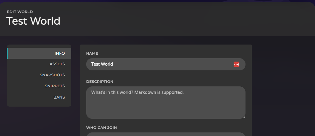 AltspaceVR world Info editor showing the name and description fields