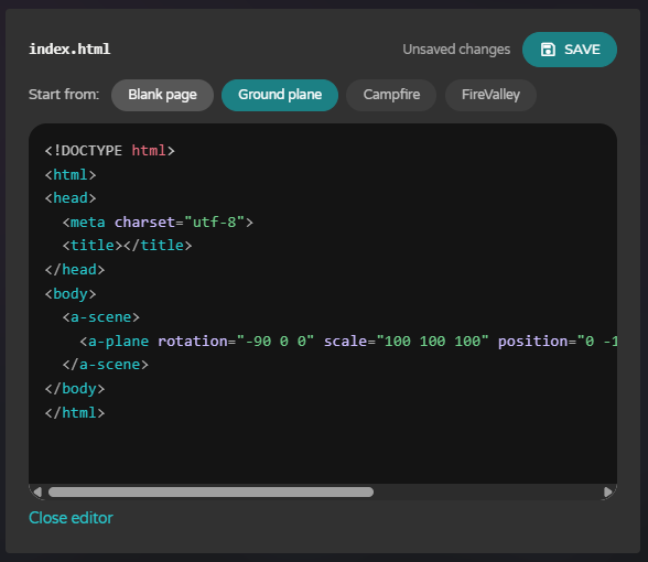 AltspaceVR new file editor showing the Ground plane starter template