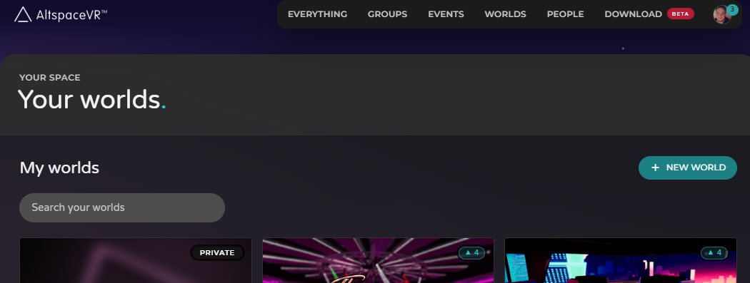 AltspaceVR Worlds page showing the New World button and existing world cards