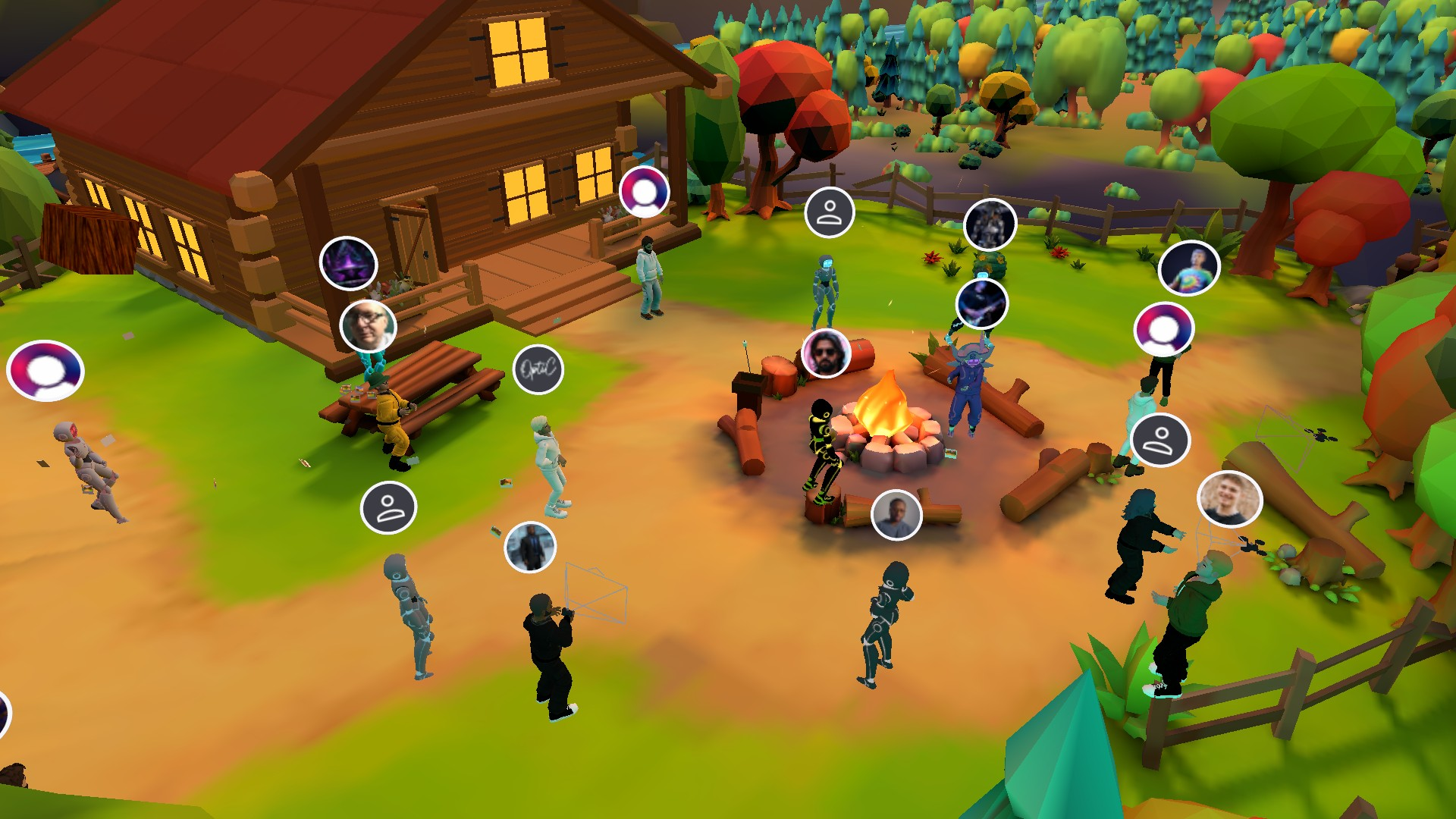 AltspaceVR community gathering around a campfire in a colourful forest world