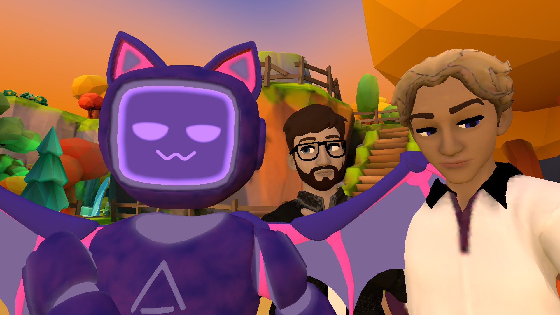 AltspaceVR avatars posing together in a colourful world