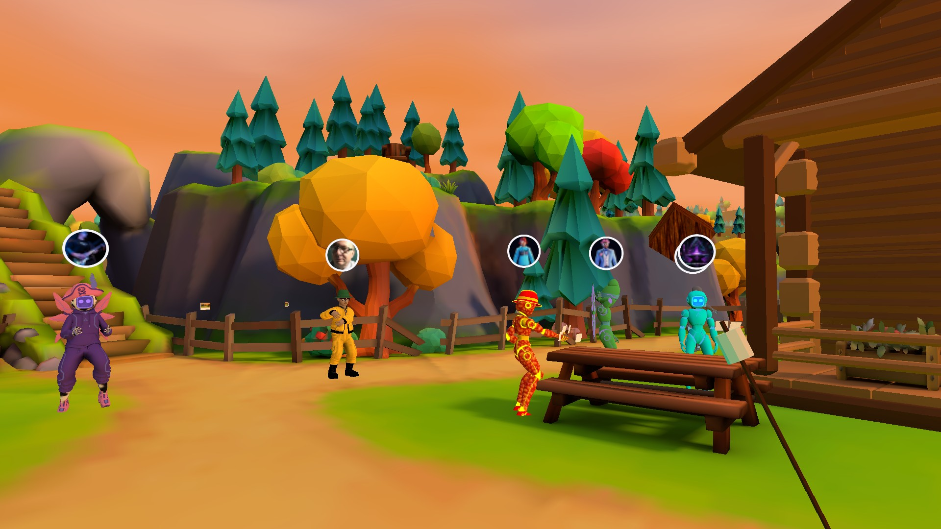 AltspaceVR users gathered beside a colourful forest cabin